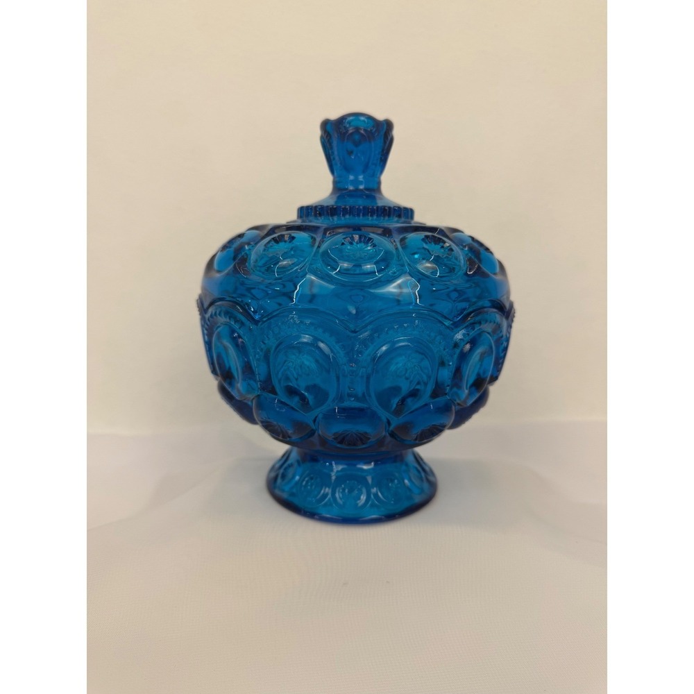 Vintage LE Smith Moon and Star Blue Glass Candy Dish with Lid Pedestal Compote